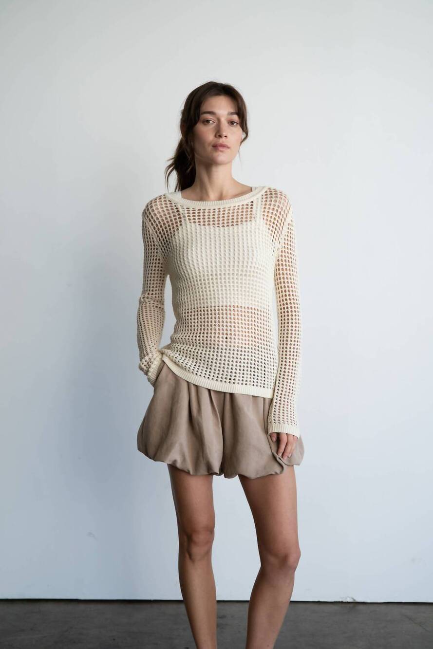 NEW ELLE GREY open-knit crochet sweater top in beige